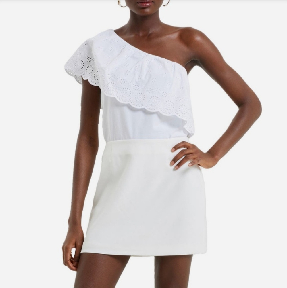 French Connection Rosana Broderie Anglaise Elegant White One-Shoulder Top XS